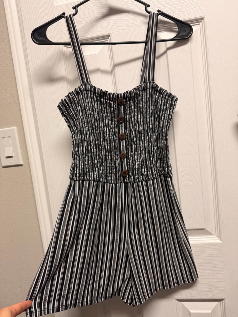 Derek Heart Black and White Striped Smocked Romper
